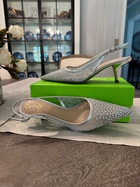 Sam Edelman Silver Crystal-Studded Slingback Kitten Heels
